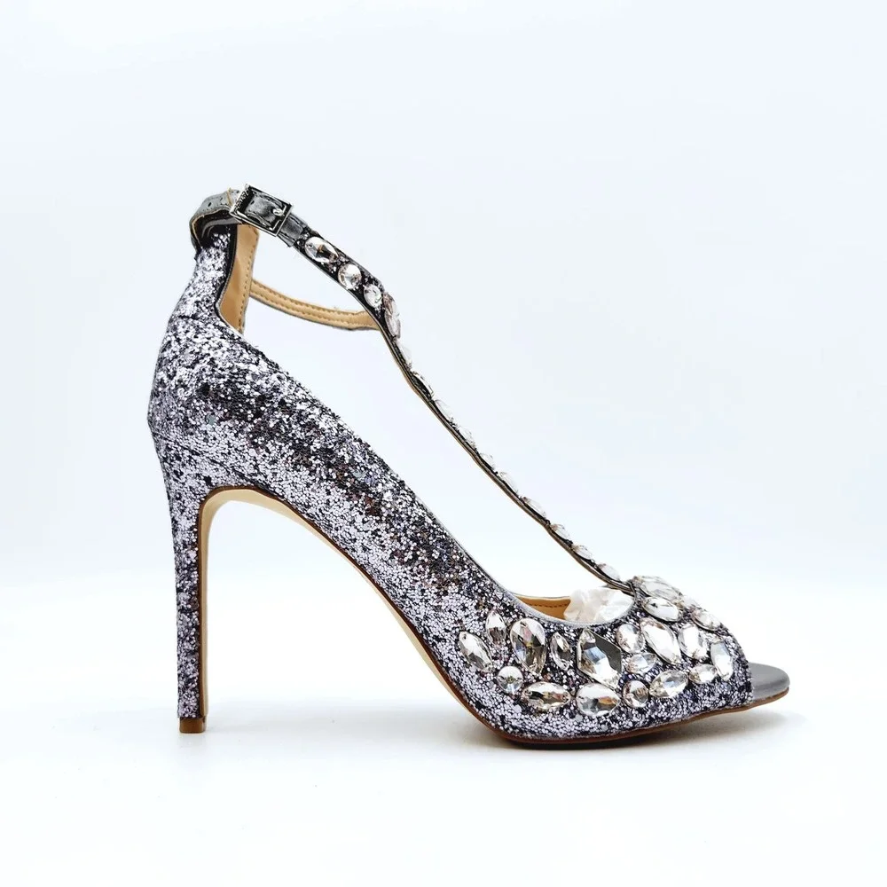 Badgley Mischka Women Silver Crystal Embellished T-Strap Heeled Pumps Size 9
